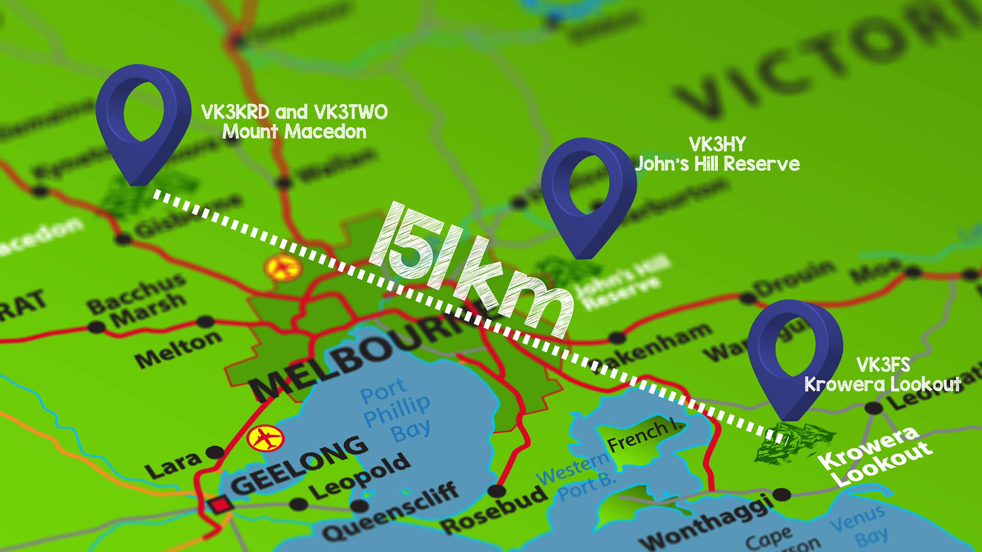 Image of Mt Macedon to Krowera microwave path showing the location of VK3KRD, VK3TWO, Vk3HY and VK3FS